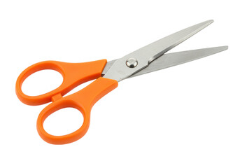 A pair of orange handled scissors is isolated on a transparent background, ready for cutting and crafting