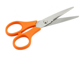 A pair of orange handled scissors is isolated on a transparent background, ready for cutting and crafting