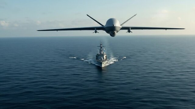 Drone aircraft over naval warship in daylight high angle view of drone transfer operation