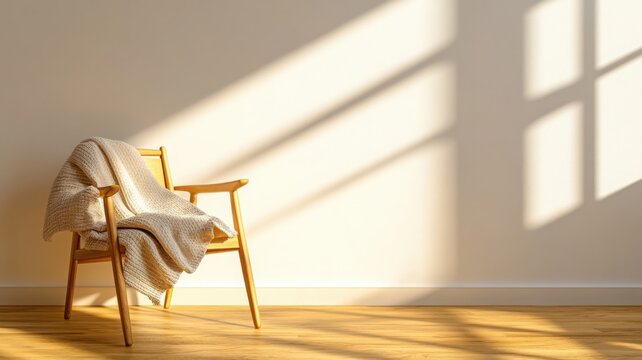 Cozy corner with folded blanket on chair under soft directional light in minimalist room with sharp textures