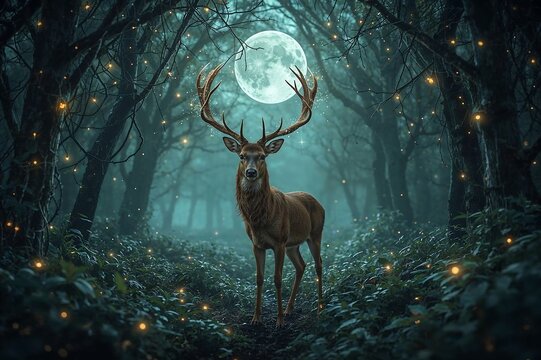 Deer standing in a forest under the moonlight with glowing lights and dark trees surrounding it