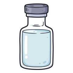 A glass bottle filled with liquid  sealed with a gray stopper all outlined in black