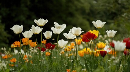 Fototapeta premium A vibrant array of tulips in various colors blooms amidst lush greenery, creating an aesthetically pleasing scene that can be used for gardening, spring themes, or floral design projects,