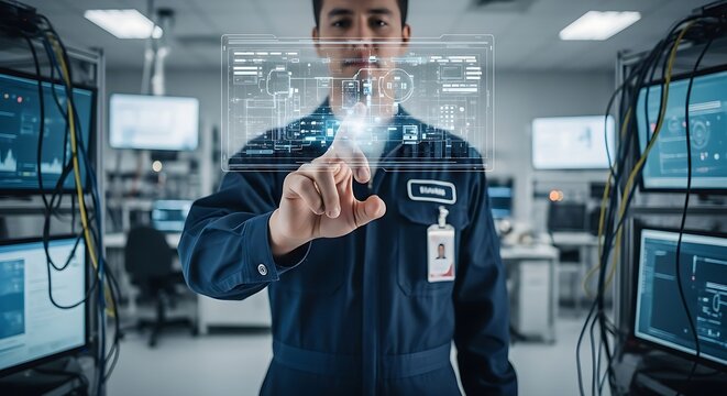 An engineer interacts with a holographic interface in a hightech control room with multiple monitors