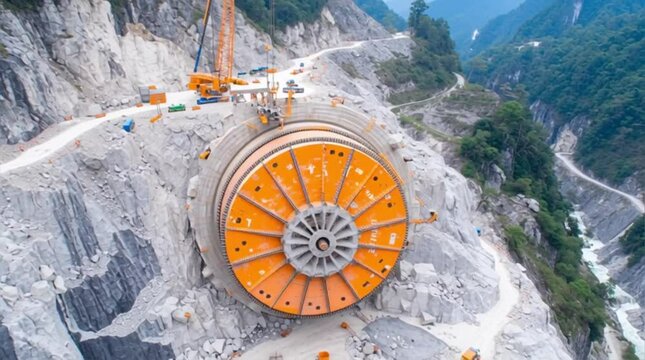 Massive Tunnel Boring Machine (TBM) at mountain tunnel entrance. Heavy engineering and infrastructure construction project.