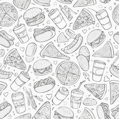 Seamless vector pattern with outline fast food icons. Background with hand drawn pizza, burger, hotdog, ice cream, soda, coffee. Sketch food background. Doodle silhouettes of takeaway ...