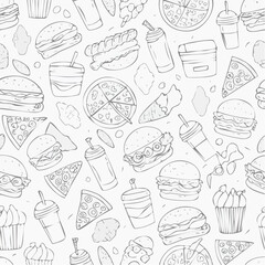 Seamless vector pattern with outline fast food icons. Background with hand drawn pizza, burger, hotdog, ice cream, soda, coffee. Sketch food background. Doodle silhouettes of takeaway ...