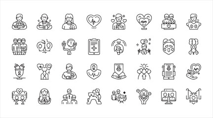 Mental Health and Wellness icon collection. A set of vector images representing well-being, group therapy, self-care, personal development, support groups, positive mindset, and meditation line style.