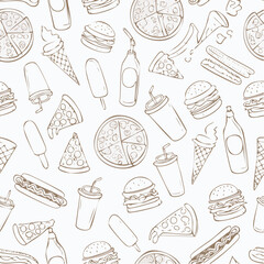 Seamless Vector Design Featuring Outline Icons of Fast Food Items, Including Hand-Drawn Pizza, Burgers, Hot Dogs, Ice Cream, Sodas, and Coffee, Doodle Style Background.