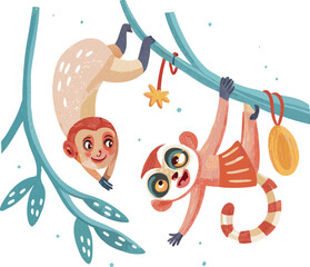 Cute little lemurs hanging on tree branches in playful vector, naive, clipart hand drawn  