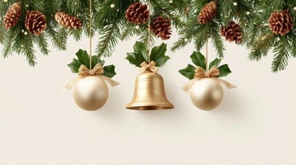 Three silver bells decorated with pine cones and holly leaves hanging on a green Christmas tree.