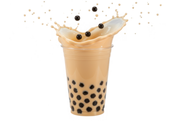 Boba pearls create a milky splash in a refreshing cup of bubble tea on white isolated on transparent background