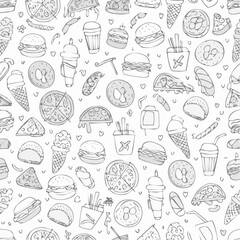 Seamless vector pattern with outline fast food icons. Background with hand drawn pizza, burger, hotdog, ice cream, soda, coffee. Sketch food background. Doodle silhouettes of takeaway ...