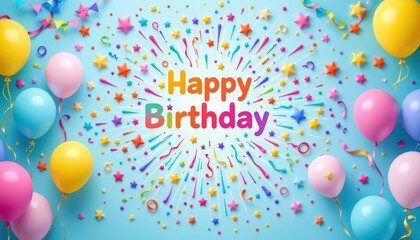 bright and playful birthday themed background with a central burst of rainbow confetti