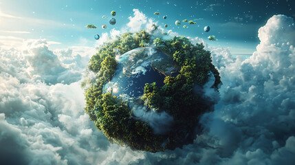 Vibrant Planet Surrounded by Lush Greenery and Floating Elements