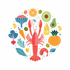 Set of contemporary art food illustrations. Vegetables, fruits, berries, lobster, fish in trendy geometric style. Colorful abstract dinner party drawings. Vector graphic