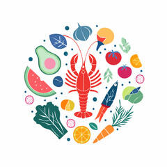 Set of contemporary art food illustrations. Vegetables, fruits, berries, lobster, fish in trendy geometric style. Colorful abstract dinner party drawings. Vector graphic