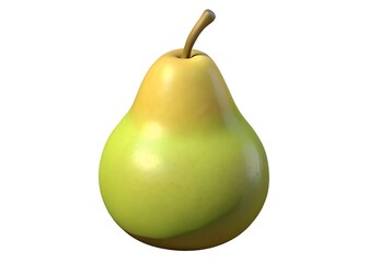 A single ripe green and yellow pear with a brown stem isolated on a white background