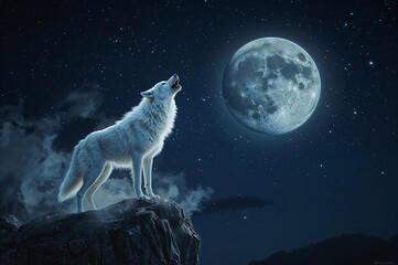 A white wolf howling at the full moon on a rocky cliff under a starry night sky in a dark environment