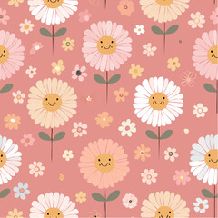 Seamless vector pattern with cute flower character in retro style. Abstract groovy daisy with smiling face on pink background. Funky plant texture in 70s design for wallpaper, textile, wrapping ...