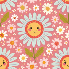 Seamless vector pattern with cute flower character in retro style. Abstract groovy daisy with smiling face on pink background. Funky plant texture in 70s design for wallpaper, textile, wrapping ...