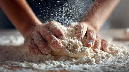 Fototapeta premium First-person perspective of hands kneading dough on a floured surface, tactile texture, isolated on white background,