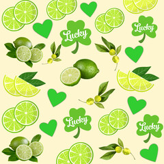 Seamless pattern featuring limes, lime slices
