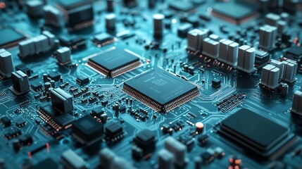 A photo-realistic depiction of an electronics factory where microchips and circuit boards are meticulously assembled with precision.