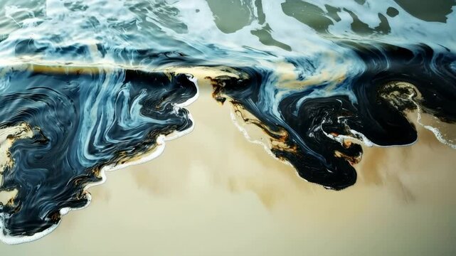 Orange and black toxic waste polluting ocean water near sandy beach shore, illustrating environmental damage