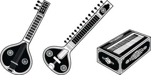 Black and white illustration of traditional indian musical instruments sitar and harmonium