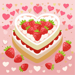 Cute heart shaped bento cake with strawberries. Romantic dessert with text. Valentine day and anniversary pastry food. Love sticker for card, poster, collage design. Vector ...