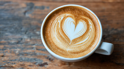 A beautifully crafted latte with a heart-shaped foam design, perfect for coffee lovers and cozy cafe atmospheres.