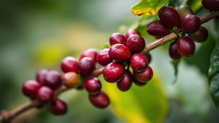 A close-up of vibrant red coffee cherries on a branch, showcasing the rich color and lush background of the coffee plant.