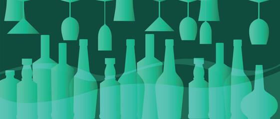 Collection of alcohol bottles and glasses, flat illustration, gradient. Vector design banner restaurant, wine bar, drink party, kitchen decor. Wine list, festival flyer, red wine, cocktails