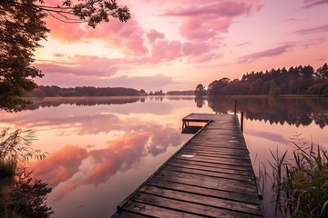 Wooden pier on tranquil lake during pink sunrise pink sky clouds