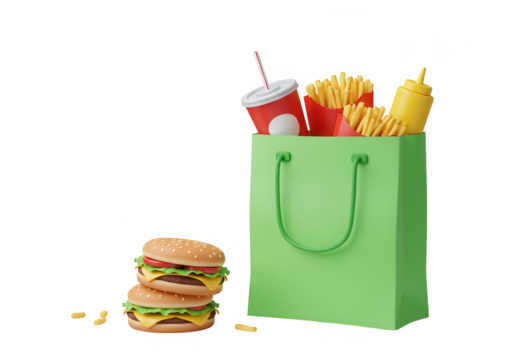 A green shopping bag filled with fast food items, including burgers, fries, and soda isolated on transparent background