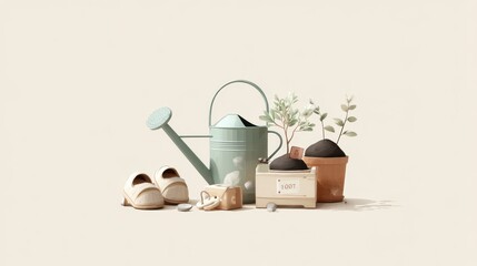 Pixel Art Style Watering Can and Planting Equipment With Earthly Tones and Beige Background