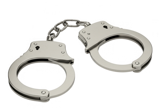 A pair of metal handcuffs represents crime, law enforcement, and the justice system isolated on transparent background