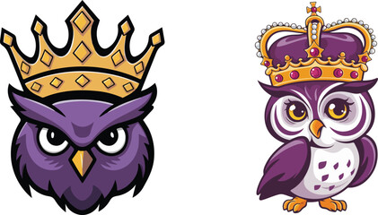 Obraz premium 2 Royal Owl Mascots Set – Crowned Purple Owl Vector Illustrations for Logo and T-Shirt Design