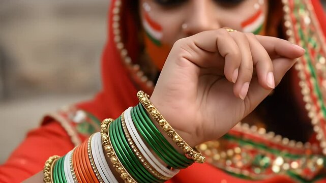 Closeup of colorful traditional bangles on a womans wrist showcasing detailed design and colors