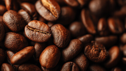 Fototapeta premium Close-up view of rich, dark roasted coffee beans showcasing their texture and color, perfect for beverage and culinary visuals.