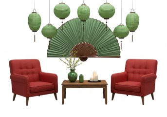 A stylish interior design featuring red chairs, green lanterns, and an asian fan on white isolated on transparent background