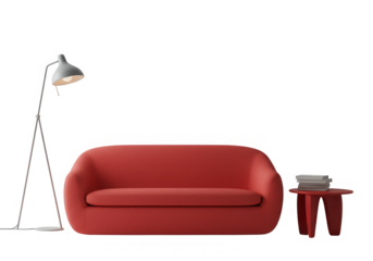 A modern red sofa with a floor lamp and a small table creates a cozy interior scene isolated on transparent background