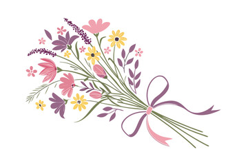 Obraz premium Watercolor wildflower bouquet with ribbon artistic floral blend vector art illustration