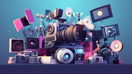 Assorted vintage and modern filming equipment, cameras, and lighting tools arranged on a table.