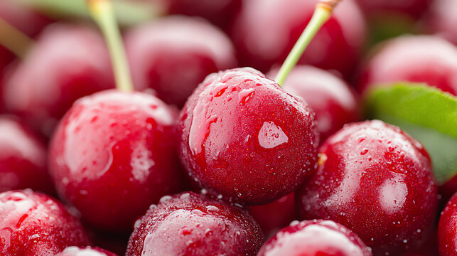 Fresh cherries glistening with water droplets, showcasing their vibrant red color and lush green leaves.