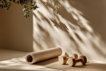 Minimalist Fitness Setup with Yoga Mat and Dumbbells in Natural Light and Neutral Tones