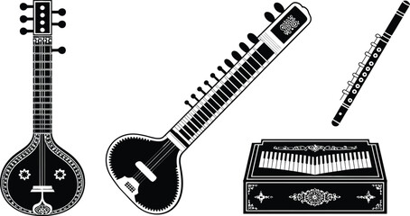 Collection of indian musical instruments including a sitar tabla and flute