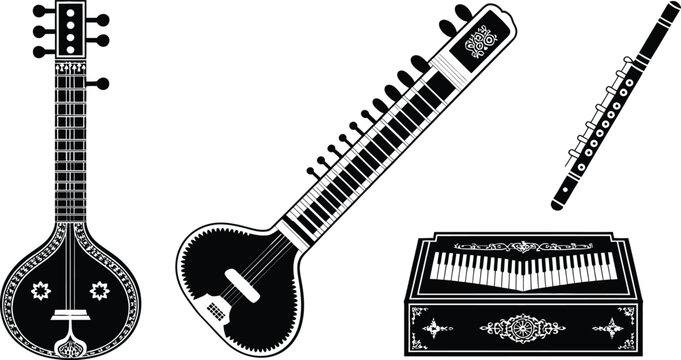 Collection of indian musical instruments including a sitar tabla and flute
