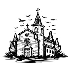 Church with birds flying above shown in a hand-drawn engraving, featuring a classic church building. Hand-drawn engraving brings birds flying above a place of worship,